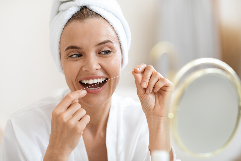 Frau in weißem Bademantel und mit weißen Frotteetuch auf dem Koopf, sitzt vor einem runden Spiegel und benutzt Zahnseide.